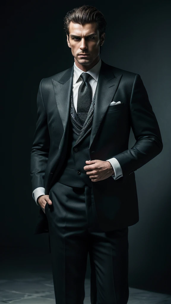 ((masterpiece)), ((best quality:1.2)), high resolution, 8k, (ultra_realistic:1.3), (photorealistic:1.4), (absurdres), sharp focus, highly detailed, (high quality), (masterpiece), handsome mean looking man, 25 years old, normosthenic, black suit, muscular, full body, dark light, dark lighted room, rim light. Mafia boss aesthetic. Rich billionaire boyfriend.