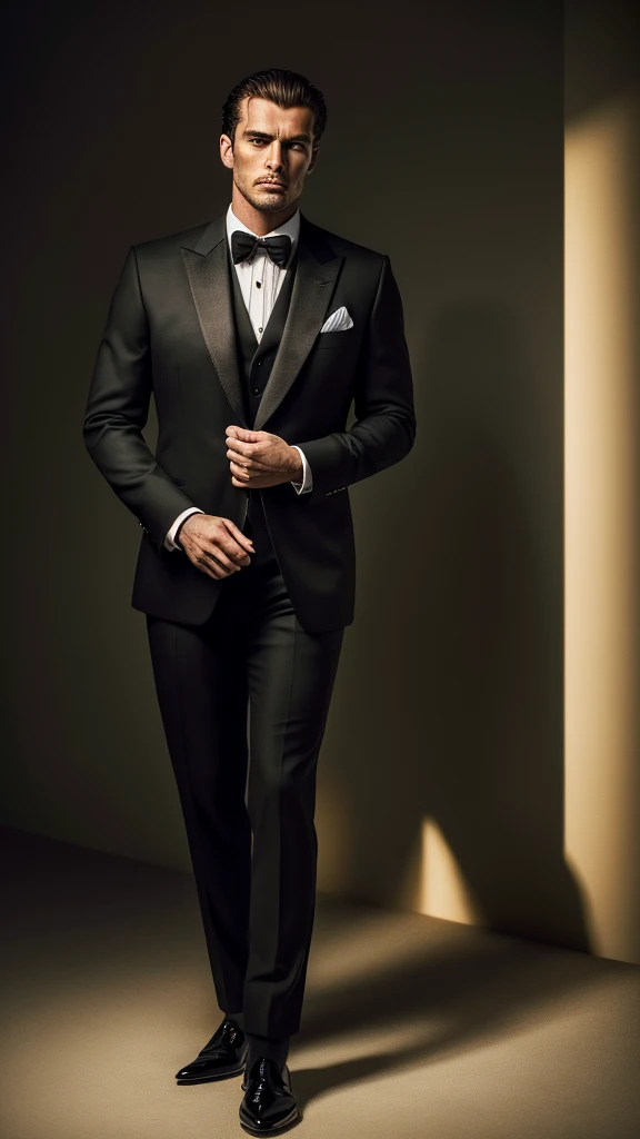 ((masterpiece)), ((best quality:1.2)), high resolution, 8k, (ultra_realistic:1.3), (photorealistic:1.4), (absurdres), sharp focus, highly detailed, (high quality), (masterpiece), handsome mean looking man, 25 years old, normosthenic, black suit, muscular, full body, dark light, dark lighted room, rim light. Mafia boss aesthetic. Rich billionaire boyfriend.