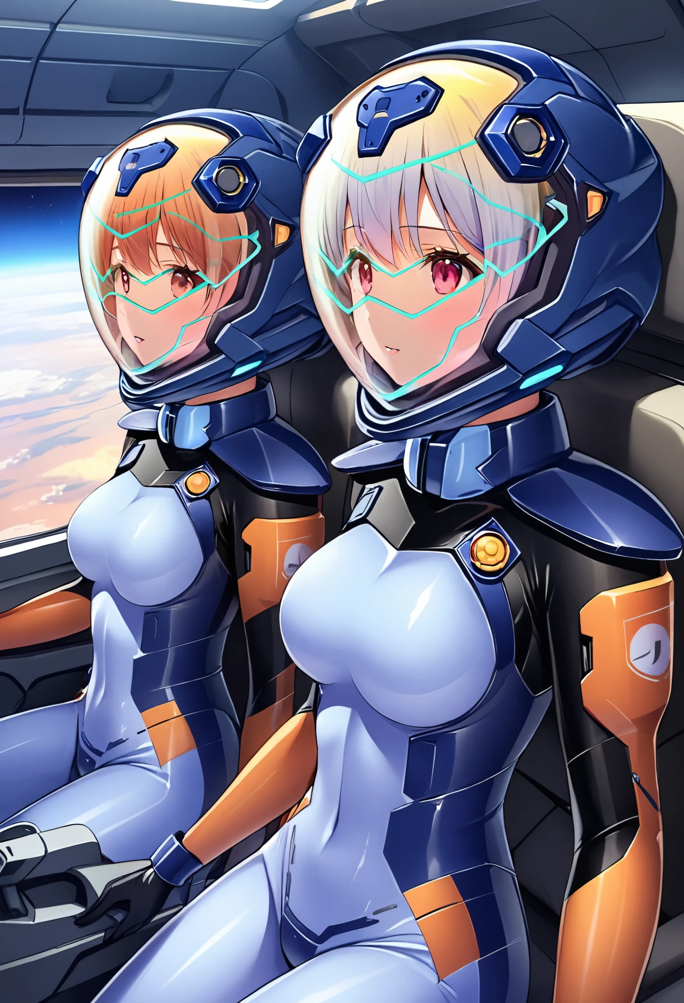 ((Female pilot in the cockpit of a reconnaissance plane), (airplane cockpit), (in flight), (10000 feet altitude)、(sky view):1.7),, short hair, street, emo, BLACK hair, white eyes, eyeliner, apocalypse, 2girl, nside the (cockpit:1.9) of a (futuristic spaceship:1.6), , blush covered navel, space helmet, muvluv, space helm, plug suit , space helmet, eva helm, space suit, short hair,  blue bodysuit, visor helmet, , 2girl, white hair