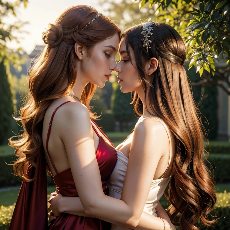 (​masterpiece, best quality:1.5), highest quality, High resolution, super detailed, Realists, Upper body photo of a red-haired woman, detailed and beautiful eyes, beautiful detailed lips, very detailed eyes and face, longeyelashes, Woman in evening dress made of shiny satin fabric, Beautiful and colorful makeup, elegant and noble々Pose,shiny satin headband, grind, Holding flowers, Gardens as background, soft daylight, bright colors, fine brushstrokes, Portrait style, Noble details in the dress fabric, beautiful color palette, glowing skin, First-class rendering, that captures every detail, enchanting atmosphere, subtle shadows and lights, (perfect anatomy:1.2), (The two stunning women lie in the grass and are deeply in love with each other, Grab in the lap:1.4), (kiss:1.2), (magnificent panorama view:1.2)