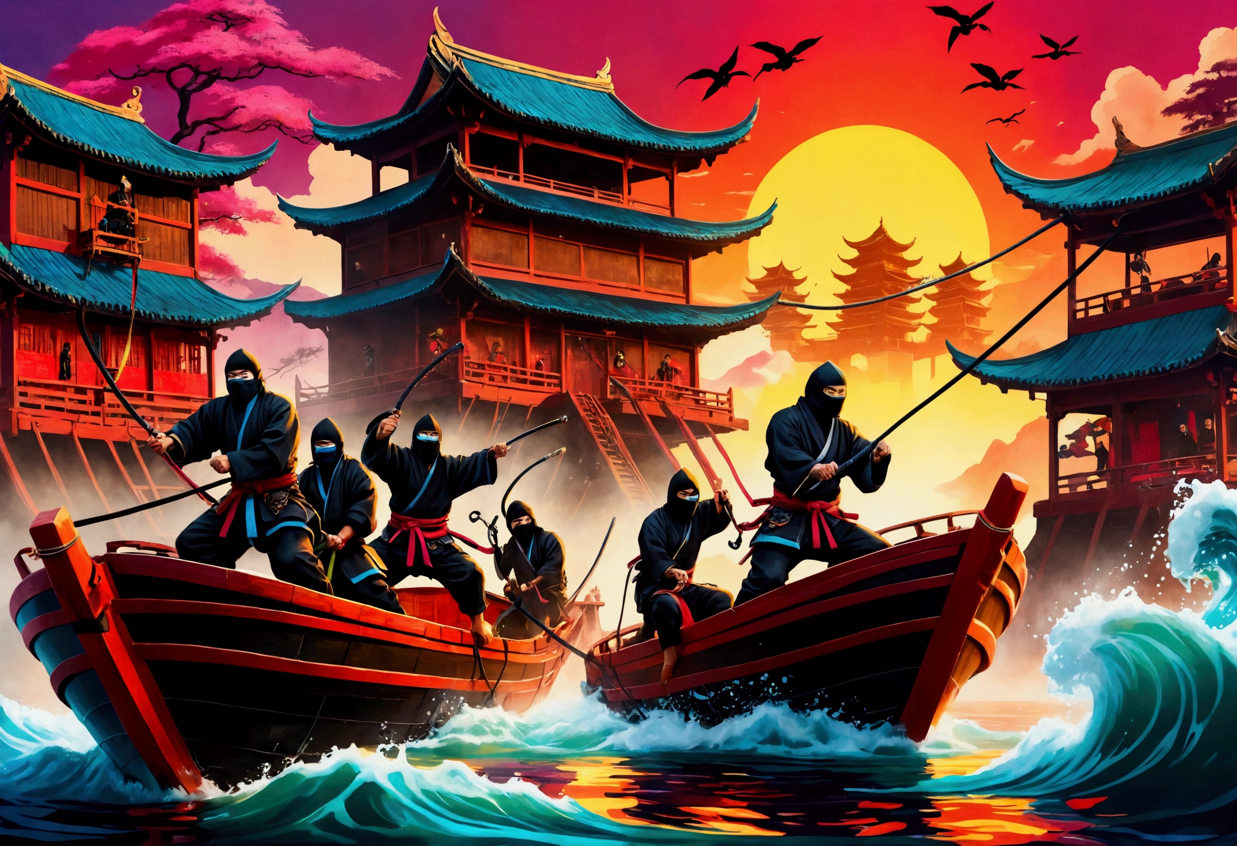 A highly detailed Asian ninja pirates boarding a Samurai palace ship, climbing grappling hooks and ropes from the water, black team ninjas vs bright colorful samurai, (best quality,4k,8k,highres,masterpiece:1.2),ultra-detailed,(realistic,photorealistic,photo-realistic:1.37),dramatic lighting,epic action scene,cinematic,intricate details,ornate samurai armor,flying fabric,dynamic poses,gritty atmosphere,dark moody tones,vibrant colors,dramatic shadows,dynamic camera angle
