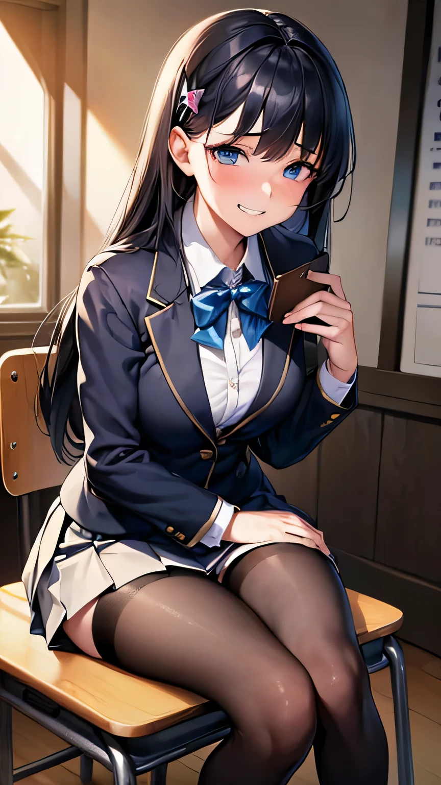 (masterpiece, Highest quality:1.2), (Realistic, photoRealistic:1.3), Browsing Caution, View your viewers,1 girl, high school girl, Perfect Face, Glowing Skin, (Long Hair）,Black Hair, Blue eyes, Long eyelashes, Beautiful Hair, Beautiful Face, Beautiful attention to detail, (Blazer uniform, Pleated mini skirt,Black Stockings), A bow tie, (Embarrassed smile）,Sitting on a chair in the classroom,Holding a book,