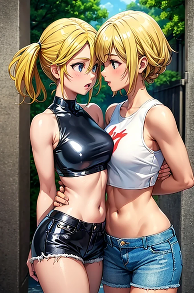 Two hot girls kissing, hot weather, a blonde girl wearing a blue crop top and short denim shorts, another wearing a latex crop top 