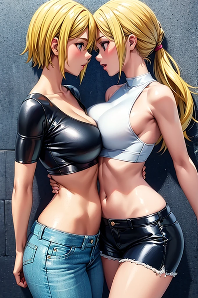 Two hot girls kissing, hot weather, a blonde girl wearing a blue crop top and short denim shorts, another wearing a latex crop top 