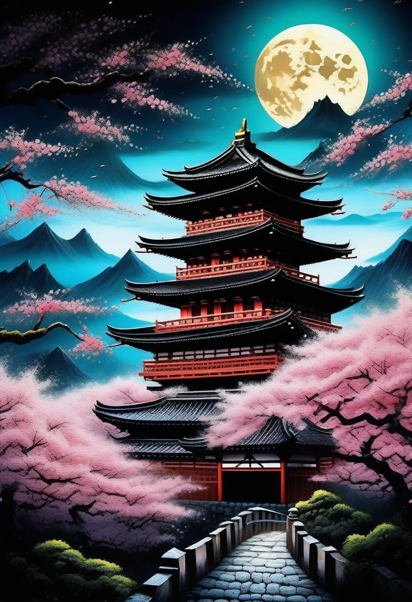 (((A dim moonlit night:1.5))), (((heavy rain:1.6))), (((The battle between ninjas、A detailed and crazy scene:1.3))), Classic Japanese castle with intricate details in the dark beauty cherry blossom background, Losing your mind, Ultimate quality illustration, (Intricate insane detail texture:1.3), (Drawing with precise and insane details:1.3), (Paintings with intricate insane details:1.3), (Complex insane detail coloring:1.3), (precise detail painting:1.3), (A true masterpiece:1.3),