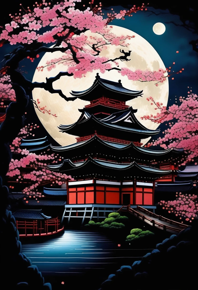 (((A dim moonlit night:1.5))), (((heavy rain:1.6))), (((The battle between ninjas、A detailed and crazy scene:1.3))), Classic Japanese castle with intricate details in the dark beauty cherry blossom background, Losing your mind, Ultimate quality illustration, (Intricate insane detail texture:1.3), (Drawing with precise and insane details:1.3), (Paintings with intricate insane details:1.3), (Complex insane detail coloring:1.3), (precise detail painting:1.3), (A true masterpiece:1.3),