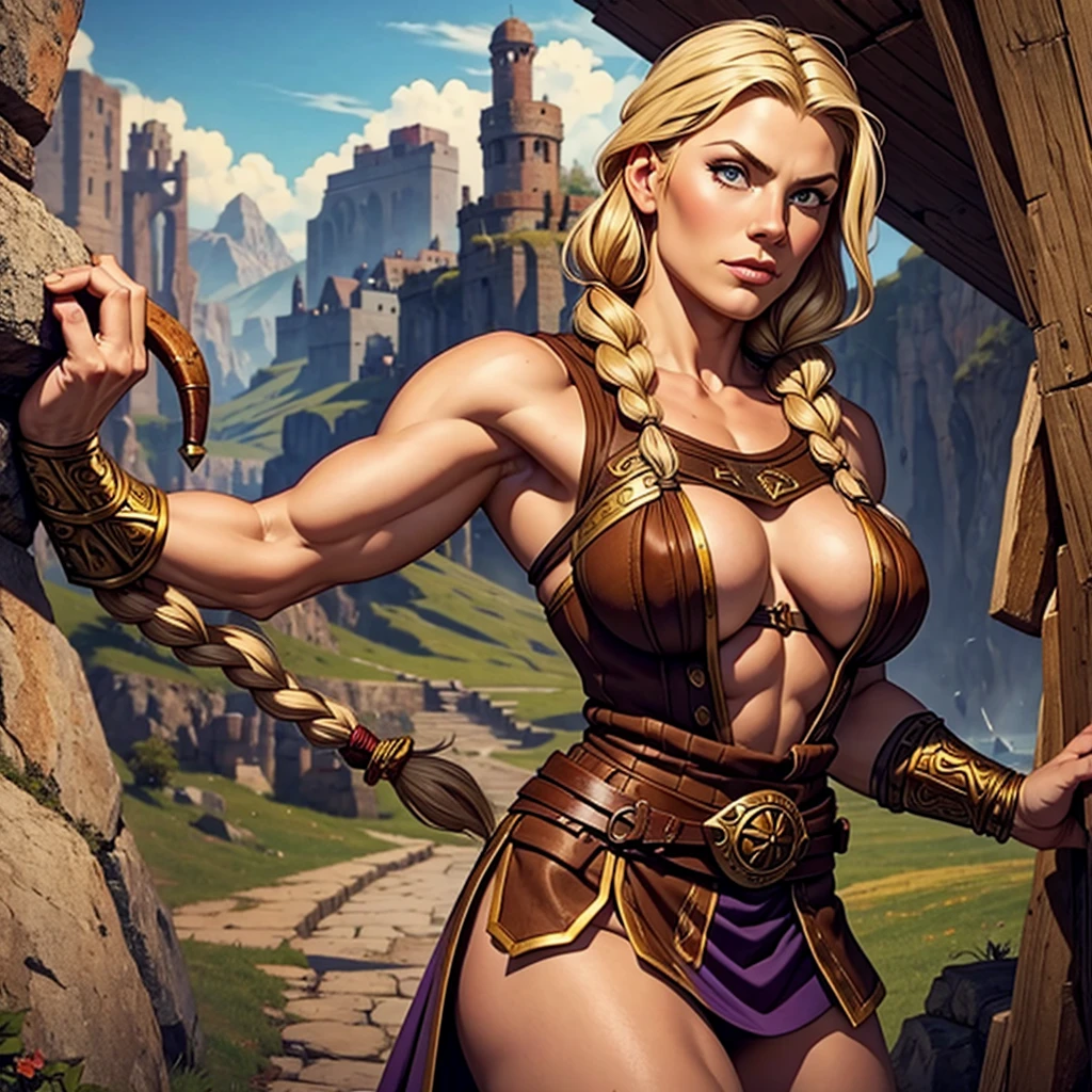 barbarian, north adult female warrior, north female warrior, very beautiful female barbarian, barbarian warrior woman, female warrior, portrait of a barbarian female, muscular female druid, female dwarven warrior, thick , bigrownish red hair, wide hips, action position, sexy tight bratanding pose, one leg on rock, thick thies muscles, a very beautiful berserker woman, female viking, from pathfinder, barbarian warrior, portrait of a barbarian woman, beautiful blond woman, Milf giant breastesirable, (own, wavy hair), sexy figure, (masterpiece) (fect proportion)(realistic photo)(best quality) (detailed) (8k) (HDR) (wallpaper) (cinematic lighting) (sharp focus) (intricate) aerith Gainsborough, athletic body, toned body, detailed woman face looking at the camera, blue eyes, hazle eyes, sharp face features, oiled body, purple lingerie, wide hips, sexy curves, hyper details.
