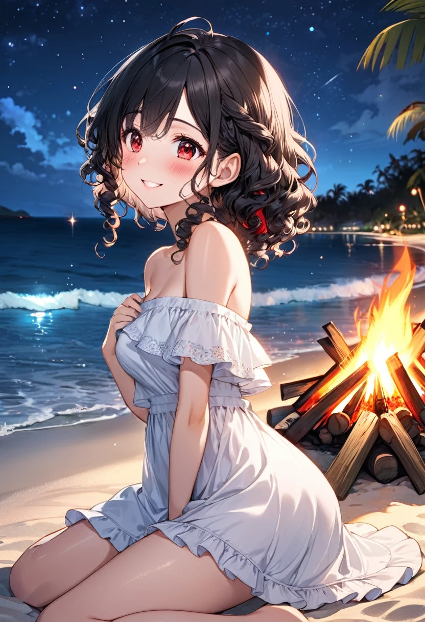 panoramic, profile, (Tropical resort style) (solo:2, 15 yo), (beautiful detailed curly:1.3) (best beauty black hair long hair) (cute princess girl, beautiful detailed red eyes, love smile face, blushing, medium tits), in a beautiful white Frilled off-shoulder dress, break, in the night South Sea Island, night beach, put on the Bonfire, background night beautiful Starry sky, BREAK, perfect anatomy, masterpiece, best quality, 16k, beautiful detailed love, daydreaming expression.