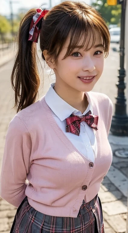 (masterpiece:1.2, top-quality), (realistic, photorealistic:1.4), beautiful illustration, NSFW,
looking at viewer, cowboy shot, front view:0.6,
1 girl, japanese, high school girl, light brown hair, (long hair:1.8), (side ponytail:1.7), bangs, hair between eye, blue eyes, large breasts:1.8, (thick thighs),
beautiful hair, beautiful face, beautiful detailed eyes, beautiful clavicle, beautiful body, beautiful chest, beautiful thigh, beautiful legs, beautiful fingers,
(beautiful scenery), dawn, lamppost, sidewalk,
((pleated mini skirt, socks, red private school uniform:1.2, light pink cardigan, red plaid pleated skirt, red plaid bow tie, red plaid hair ribbon)), pink panties,
(swollen), ((seductive posture: 1.2, attractiveness: 1.2)), (idle),
(erotic, sexy, upper eyes, smile), shiny skin,
perfect face, cute and symmetrical face, natural side lighting, movie lighting),
walking,