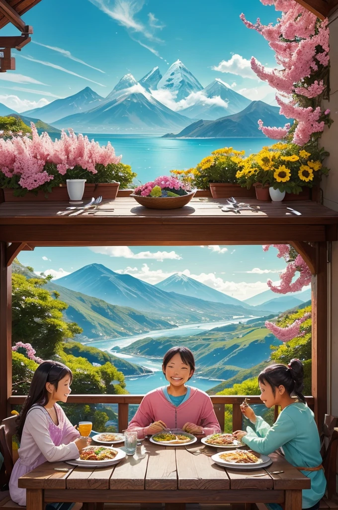 good luck background、Image of a smiling family sitting around the dinner table、The problem is solved、Enjoy a meal while chatting、heart、sun、Mountain top、flower、Ocean、spring、sunの光