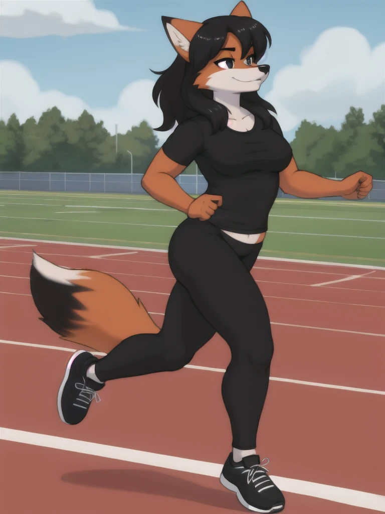 Furry, fox, female, black shirt, black leggings, shoes, running track, solo, full body