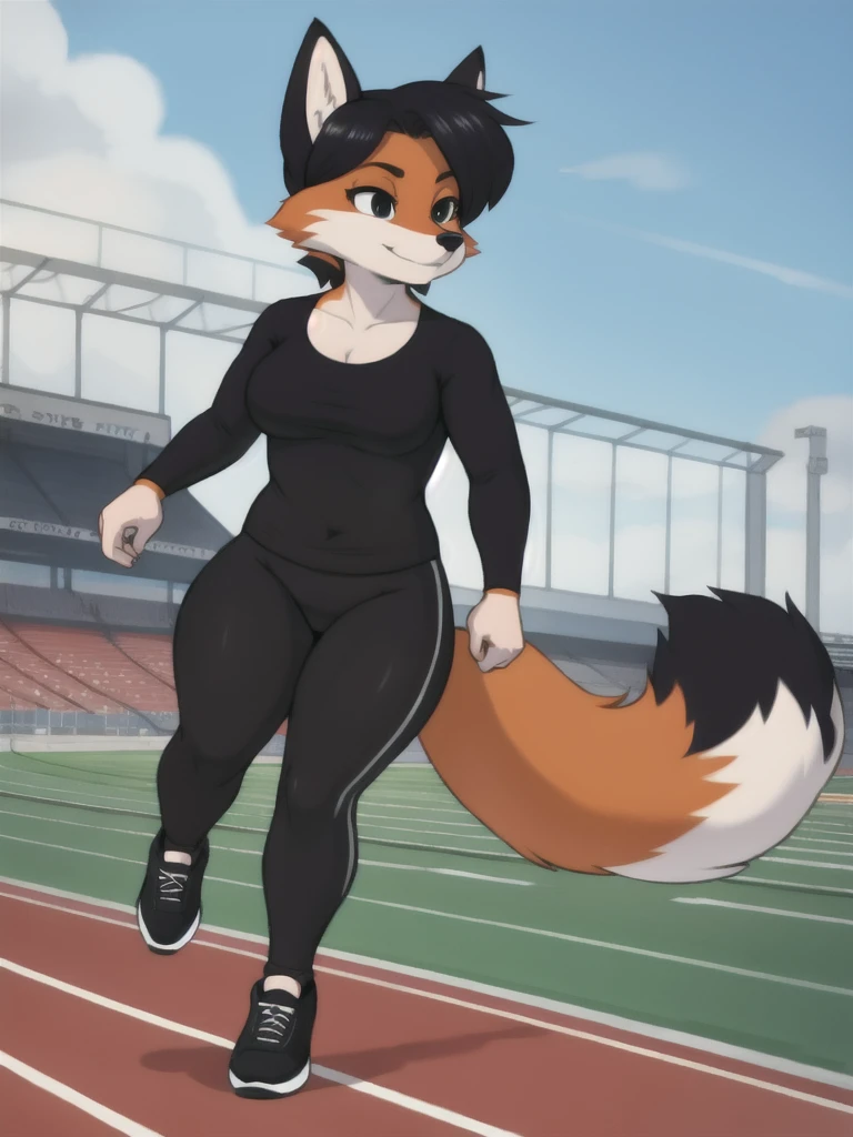 Furry, fox, female, black shirt, black leggings, shoes, running track, solo, full body