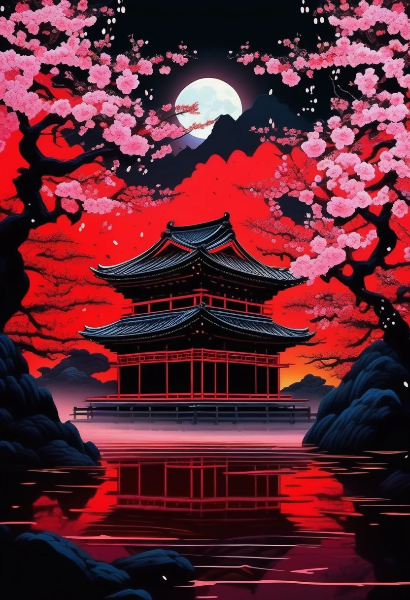 (((A dim moonlit night:1.5))), (((heavy rain:1.6))), (((The battle between ninjas、A detailed and crazy scene:1.3))), Classic Japanese castle with intricate details in the dark beauty cherry blossom background, Losing your mind, Ultimate quality illustration, (Intricate insane detail texture:1.3), (Drawing with precise and insane details:1.3), (Paintings with intricate insane details:1.3), (Complex insane detail coloring:1.3), (precise detail painting:1.3), (A true masterpiece:1.3),