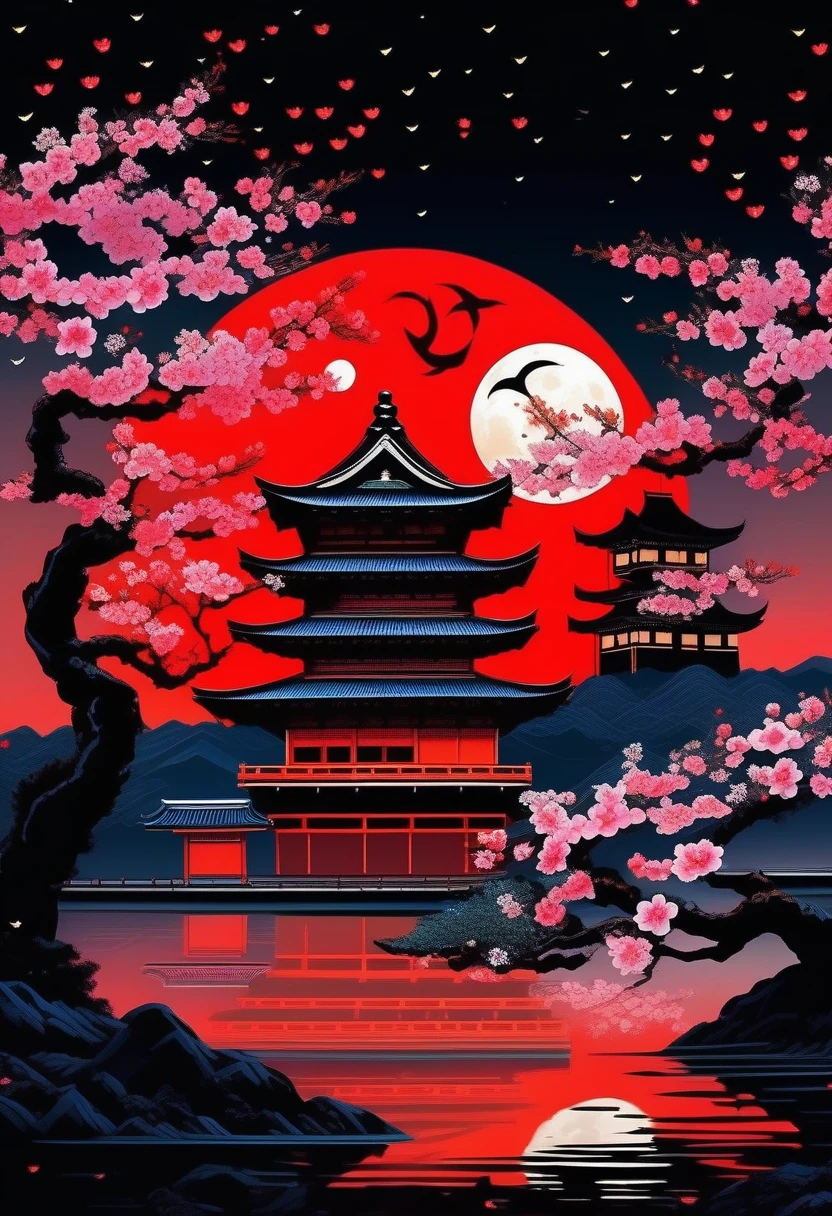 (((A dim moonlit night:1.5))), (((heavy rain:1.6))), (((The battle between ninjas、A detailed and crazy scene:1.3))), Classic Japanese castle with intricate details in the dark beauty cherry blossom background, Losing your mind, Ultimate quality illustration, (Intricate insane detail texture:1.3), (Drawing with precise and insane details:1.3), (Paintings with intricate insane details:1.3), (Complex insane detail coloring:1.3), (precise detail painting:1.3), (A true masterpiece:1.3),