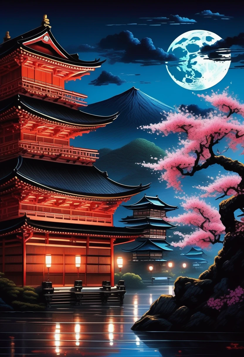 (((A dim moonlit night:1.5))), (((heavy rain:1.6))), (((The battle between ninjas、A detailed and crazy scene:1.3))), Classic Japanese castle with intricate details in the dark beauty cherry blossom background, Losing your mind, Ultimate quality illustration, (Intricate insane detail texture:1.3), (Drawing with precise and insane details:1.3), (Paintings with intricate insane details:1.3), (Complex insane detail coloring:1.3), (precise detail painting:1.3), (A true masterpiece:1.3),