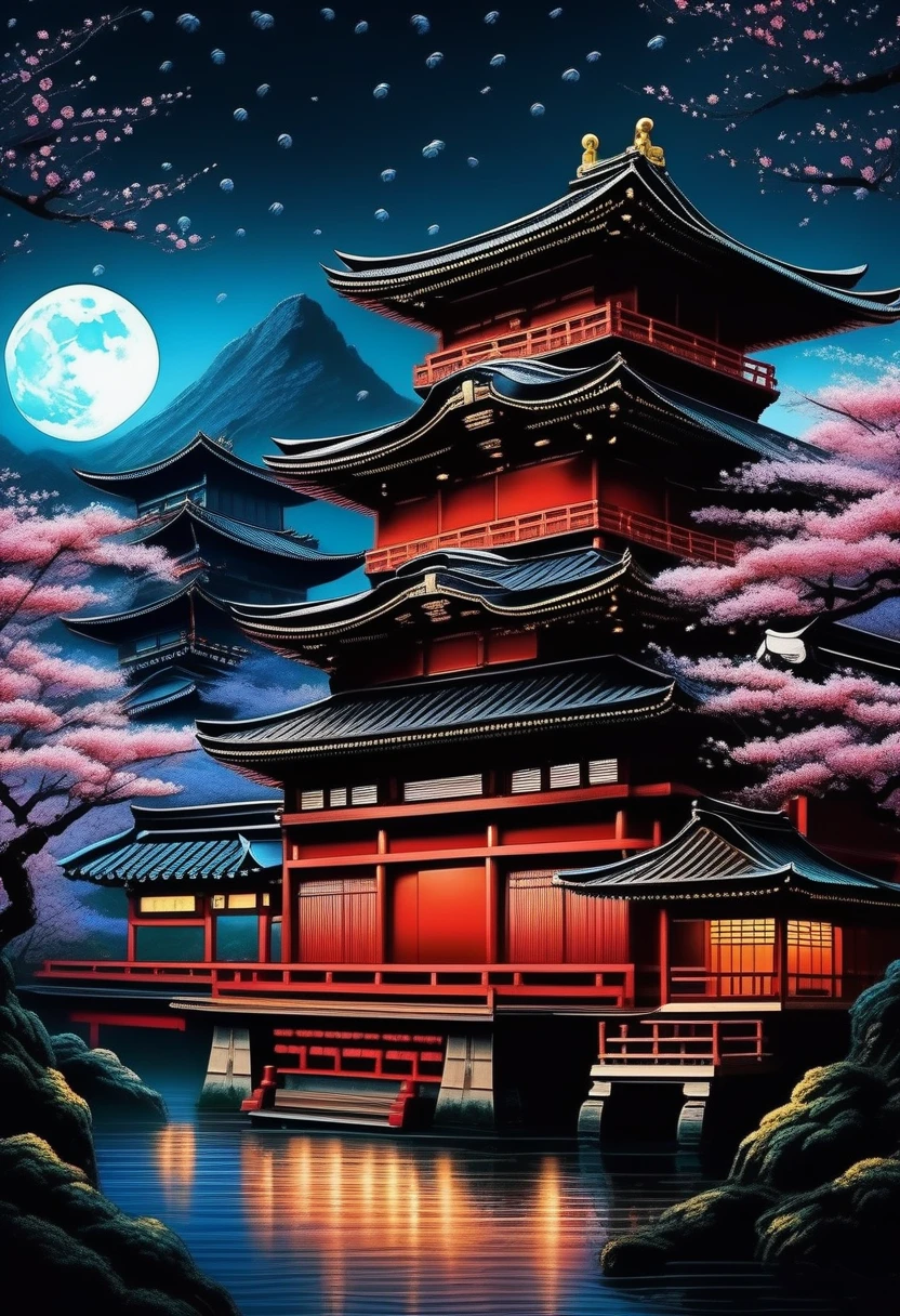 (((A dim moonlit night:1.5))), (((heavy rain:1.6))), (((The battle between ninjas、A detailed and crazy scene:1.3))), Classic Japanese castle with intricate details in the dark beauty cherry blossom background, Losing your mind, Ultimate quality illustration, (Intricate insane detail texture:1.3), (Drawing with precise and insane details:1.3), (Paintings with intricate insane details:1.3), (Complex insane detail coloring:1.3), (precise detail painting:1.3), (A true masterpiece:1.3),