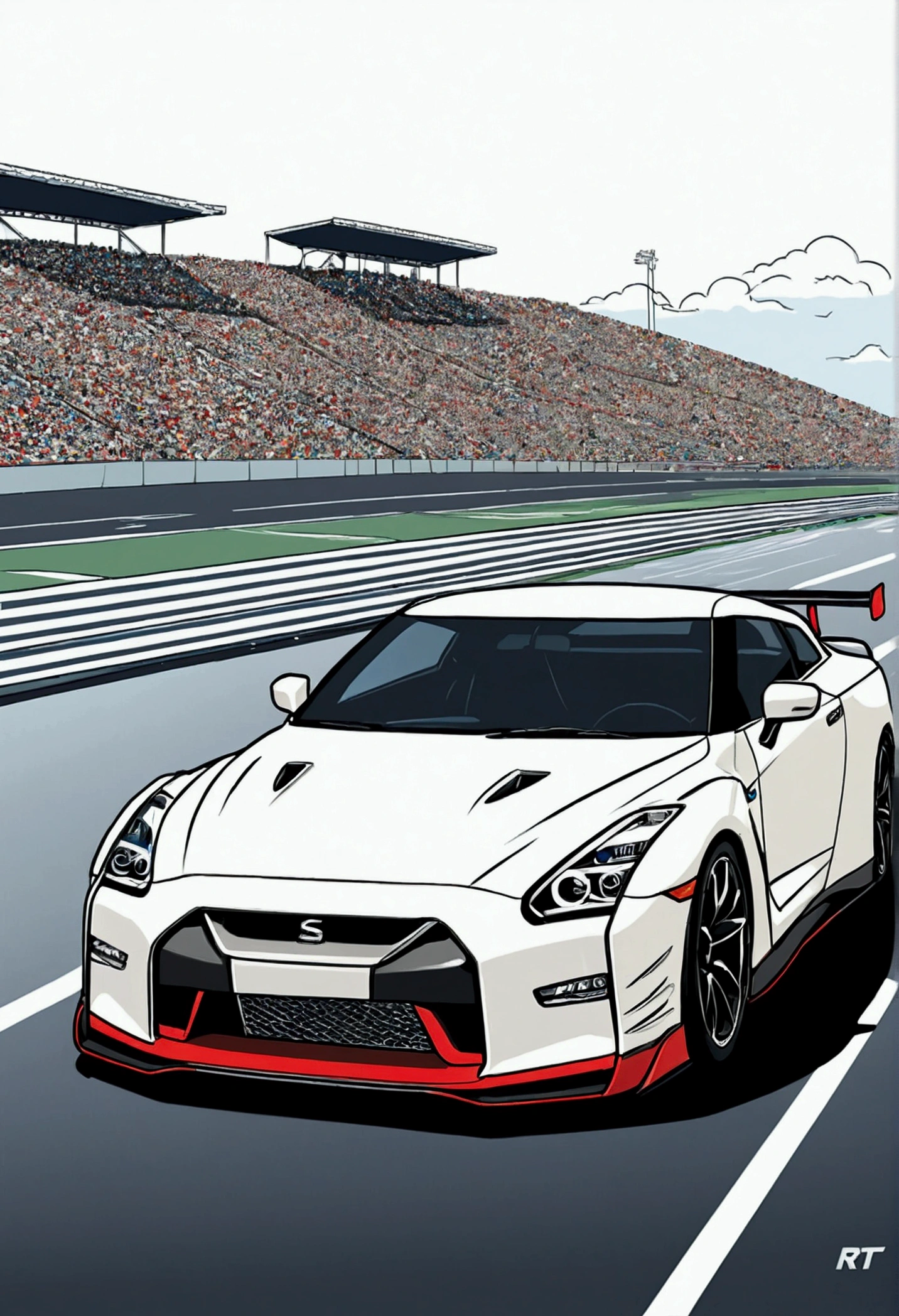 sports carのペイント, Automotive Design Art, Nissan,GTR, Bold Super GT style, No Shadow.,Vehicle illustration, sports car, 10, Beautiful line art,draft,unpainted,Art style with attention to detail, Line only., Line Art HD, High contrast illustration, sports car, Sketch Style, Car design, Vector Art HD, sports car,Racetrack,TimLayzell style illustration