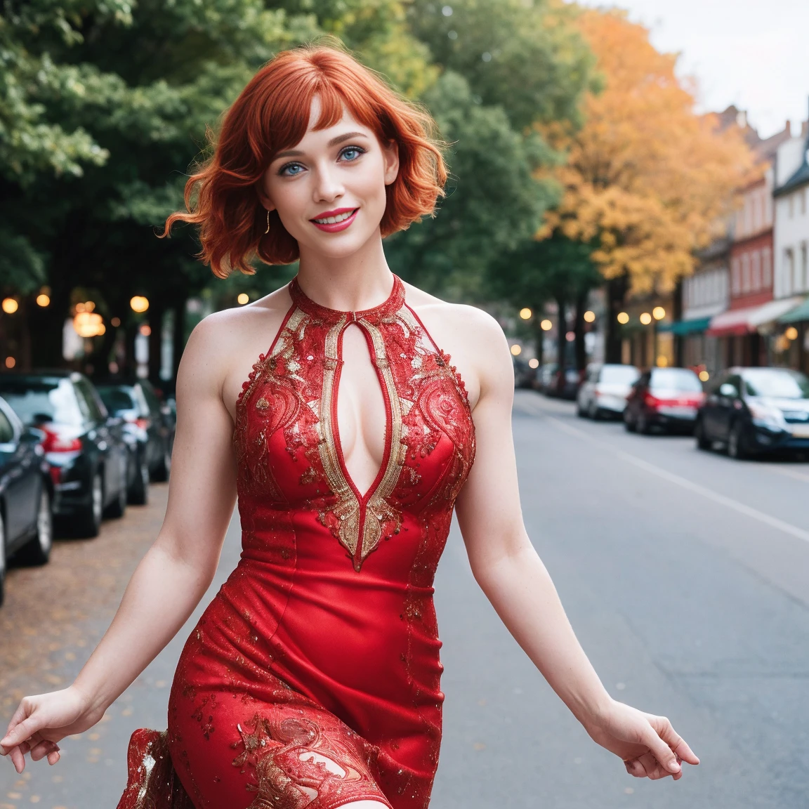 masterpiece, best quality, highres, (photorealistic:1.4), earrings, (depth of field:1.8), beautiful 22yo woman, thigh gap,
1 girl, ginger hair, long hair, pale skin, german, smileing,feminine physique,(solo:1.1), nice sexy red dress, bare shoulder, cleavage, elbow gloves, (looking at viewer:1.2), (smile:1.2), (full body:1.), (in the city:1.5), large breast,
(8k, cinematic composition, photorealistic, sharp focus), elaborate background, cinematic, rule of thirds, sunset, orinage light