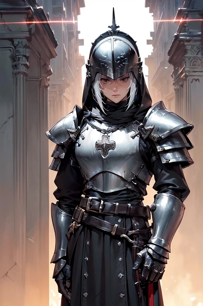 (masterpiece; best quality: 1.2), ((knight man)), ((solo)), (black eyes: 1.4), (body; toned, lean, masculine: 1.3), (beautiful and clear background: 1.2), ((depth of field)), (equipment: templar + surcoat + chainmail shirt + closed helmet + pauldrons + gauntlets + greaves + black cloak : 1.3), (anime illustration: 1.2), (background composition; garden + plants: 1.1), (extremely fine and handsome: 1.1), (shot composition; standing + centered on torso + close-up: 1.5)