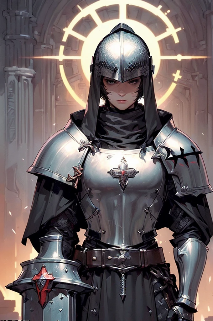 (masterpiece; best quality: 1.2), ((knight man)), ((solo)), (black eyes: 1.4), (body; toned, lean, masculine: 1.3), (beautiful and clear background: 1.2), ((depth of field)), (equipment: templar + surcoat + chainmail shirt + closed helmet + pauldrons + gauntlets + greaves + black cloak : 1.3), (anime illustration: 1.2), (background composition; garden + plants: 1.1), (extremely fine and handsome: 1.1), (shot composition; standing + centered on torso + close-up: 1.5)