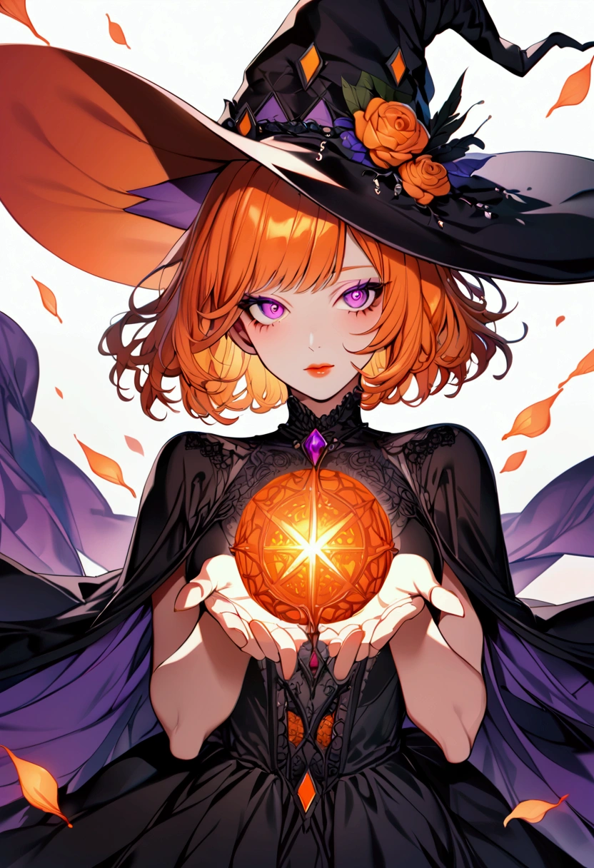 anime girl, orange hair, violet eyes, short hair, witch, witch hat, o, ultra detailed eyes, ultra detailed, detailed lips, detailed body, beautiful, dress, vivid colors 