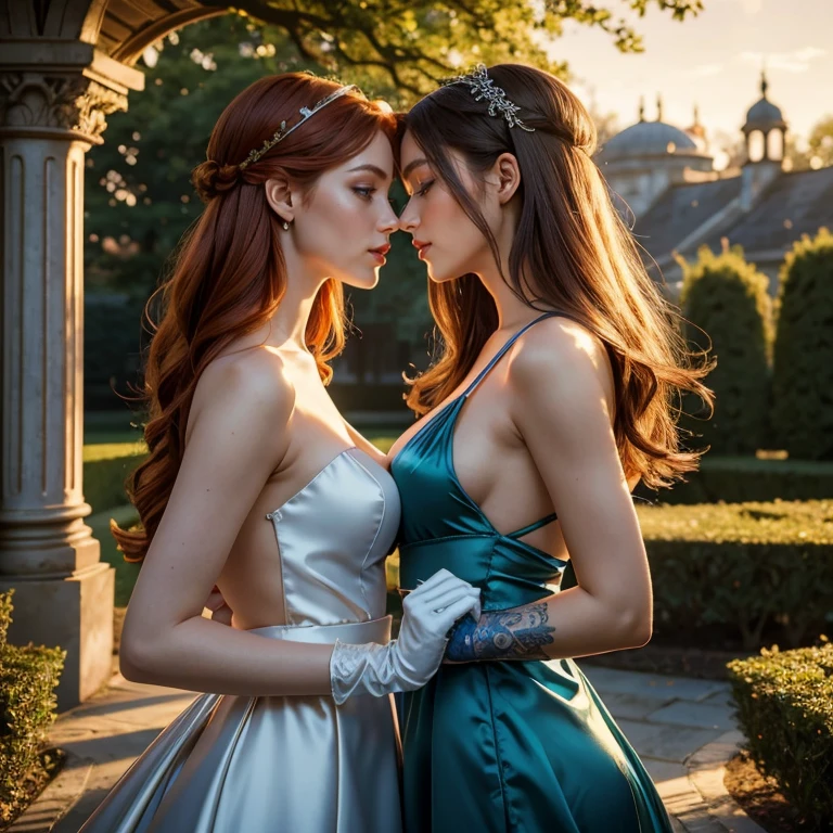 (masterpiece, best quality:1.5), highest quality, High resolution, super detailed, Realists, Upper body photo of a red-haired woman, detailed and beautiful eyes, beautiful detailed lips, very detailed eyes and face, longeyelashes, Woman in shiny blue and silver satin evening dress with long satin gloves, Beautiful and colorful makeup, long hairstyle with satin headband, elegant and noble々Pose, shiny satin headband, Gardens as background, soft daylight, bright colors, fine brushstrokes, Portrait style, Noble details in the dress fabric, beautiful color palette, glowing skin, First-class rendering, that captures every detail, enchanting atmosphere, subtle shadows and lights, (perfect anatomy:1.2), (Two stunning women are deeply in love:1.4), (kiss:1.2), (magnificent panorama view:1.2)
