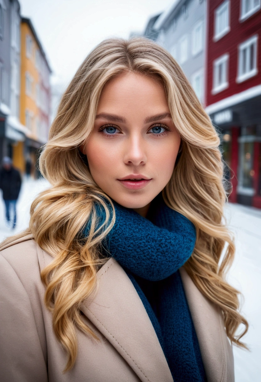 professional portrait photograph of a gorgeous Norwegian girl in winter clothing with long wavy blonde hair, sultry flirty look, gorgeous symmetrical face, cute natural makeup, wearing elegant warm winter fashion clothing, ((standing outside in snowy city street)), stunning modern urban environment, ultra realistic, concept art, elegant, highly detailed, intricate, sharp focus, depth of field, f/1. 8, 85mm, medium shot, mid shot, (((professionally color graded))), bright soft diffused light, (volumetric fog), trending on instagram, hdr 4k, 8k