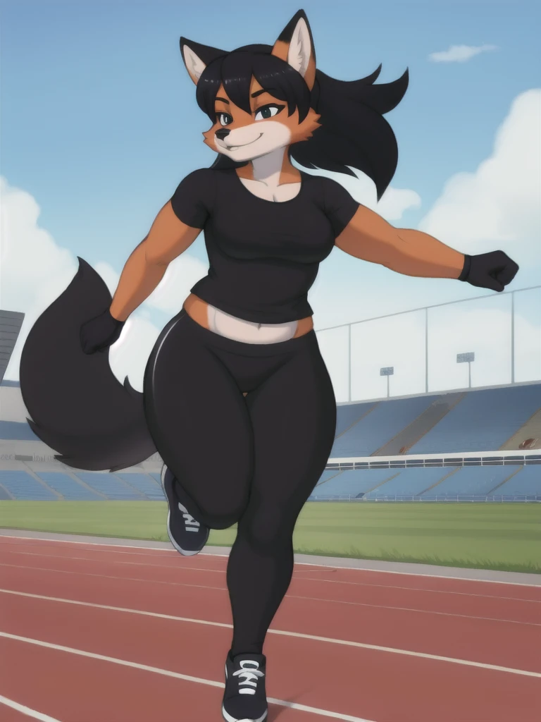 Furry, fox, female, black shirt, black leggings, shoes, running track, solo, full body