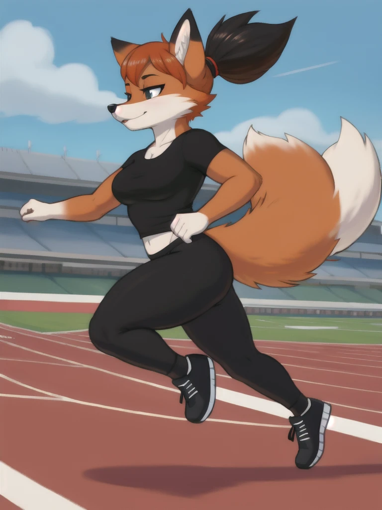 Furry, fox, female, black shirt, black leggings, shoes, running track, solo, full body