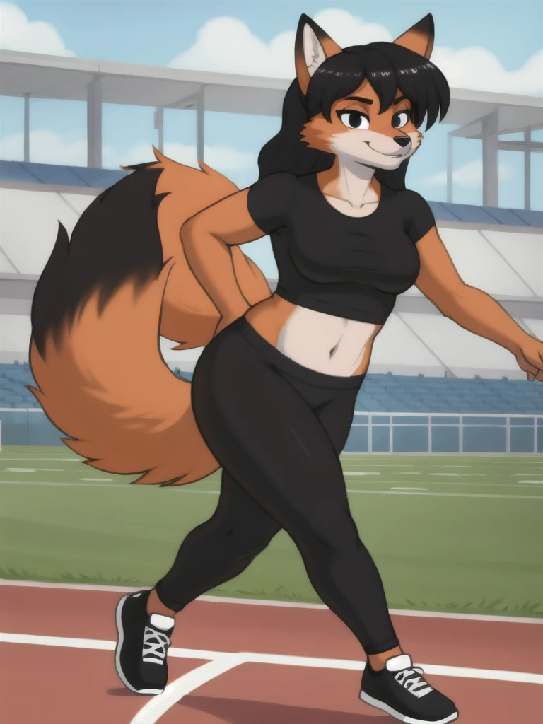 Furry, fox, female, black shirt, black leggings, shoes, running track, solo, full body