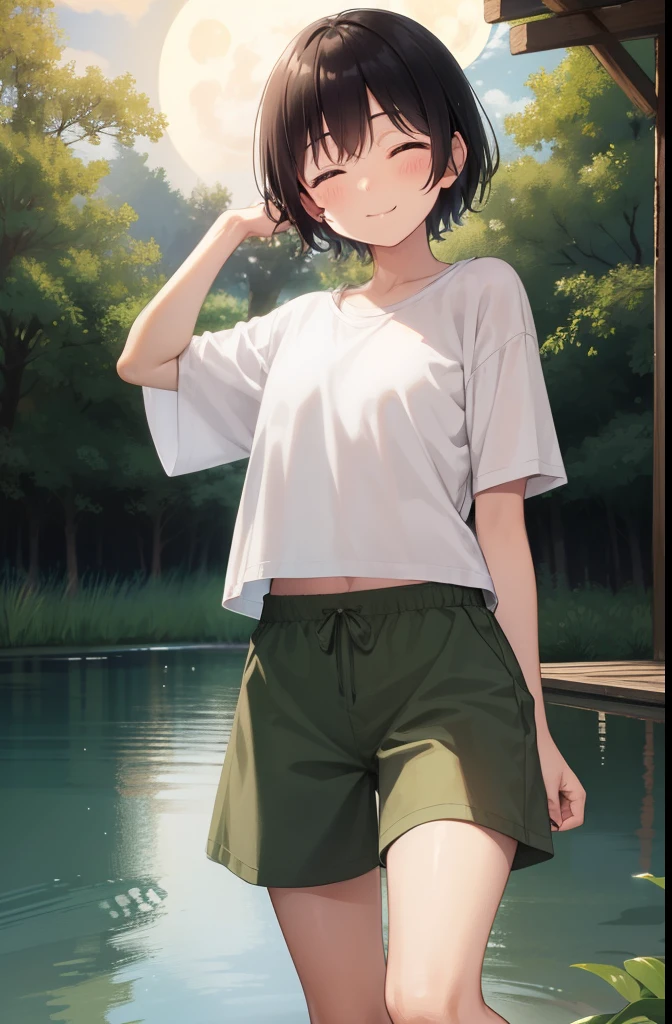 forest,smile,Are standing,close your eyes,1. small  ,short hair,Black Hair,blush,Take off your white T-shirt,Olive green shorts,White skin,From below,shy,Cowboy Shot,night中,night,moon,Swimming in the pond,