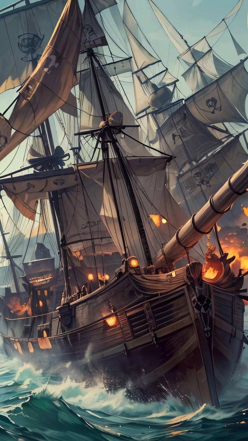 (8k, Highest quality, masterpiece),{Realistic, RAW Photos, Super Fine Clear, Impressionist painting, (Impressionist paintingの影響を受けた, Pirates of the Caribbean:1.6)}, naval battle, Pirate Combat, Deadly Combat, Fierce Battle, Heat, Violence, Vibrant