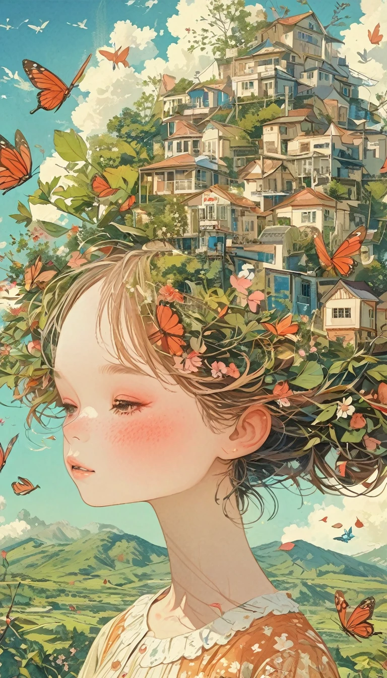 Girl with leaf hair、Photographed from the front、from adove、masterpiece、Highest quality、Looking up、Cherry blossom petals、Lots of butterflies々Fluttering、Rocket launch pad、blue sky