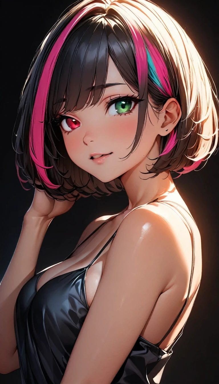 (highest quality:1.2, Very detailed, up to date, Vibrant, Ultra-high resolution, High Contrast, masterpiece:1.2, highest quality, Best aesthetics), Portraiture、girl、solo, (25-years-old:1), slim, heterrochromia, green eye, red eye, ( black Satin Camisole Set:1), Bright colors、Beautiful fine details、Beautiful lip detail、extra short hair, ((bob cut:1.5))、pink and purple, ((streaked hair:1.9)), (highlights hair: 1.6), (medium breast:0.7), (tan skin:0.5), (happy:1), standing, Front facing, (No background:1.4), ((Plain white background:1.3)), (cowboy shot:1.5), look at viewer
