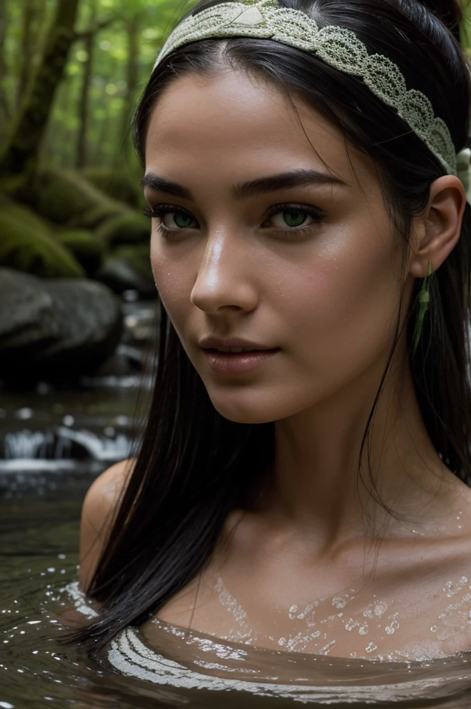 Best Quality, masterpiece, super high resolution, A super model with long straight black hair, green eyes. Immersed in hot springs in Japan., outdoor hot springs, stone hot springs, surrounded by moss and trees, super beautiful face, pure body, clear pores visible, (smile:0.8), using division (lace headband:1.2), (Realism:1.5), Photo original, soaked body, covered in sweat, bare shoulders, In the dark, deep shadows, low-key, cold light
