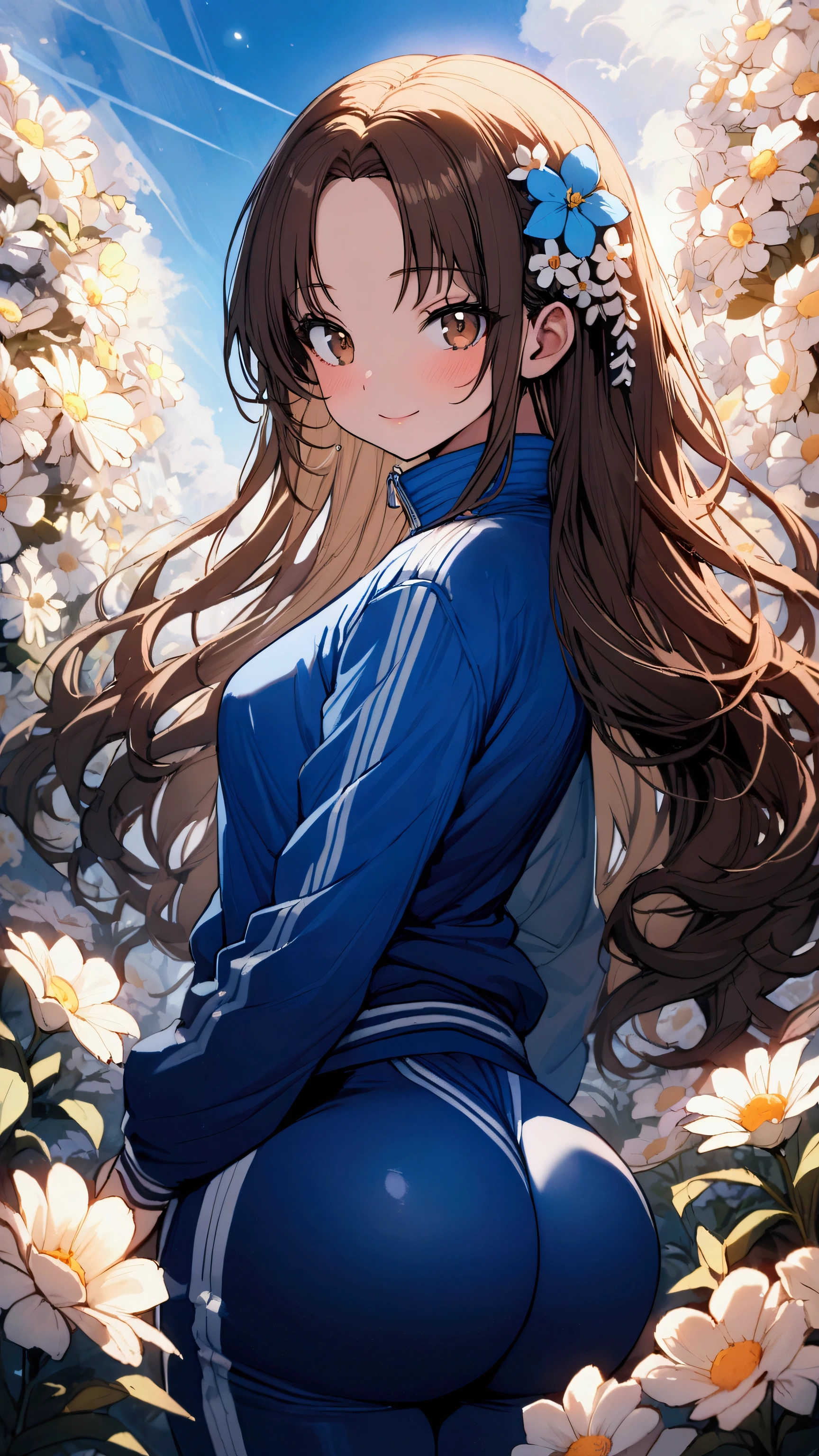 masterpiece, Highest quality, Ultra-high resolution, (beautiful girl: 1.3), (forehead&straight hair),Brown Hair,Very detailed brown eyes,Looks about 15 years old、 (Blue sweatpants:1.3), (The jacket is a blue track jacket..: 1.3), Dazzling Light,flower field,((Focus on the very big things, Round and beautifully shaped butt)),Baggy clothes,crossed legs,A big smile,I have flowers,Flower Hair Ornaments