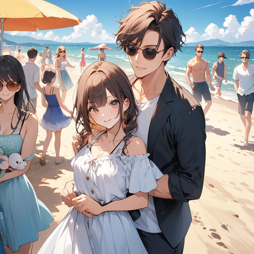 One man and one woman,at the seaside,Wearing sunglasses,Boys in front and girls in the back,Boys' short black hair Girls' long black hair,Girl wearing dark blue coat,Make a heart shape with your arms behind the boy,Smile,cartoon,HD