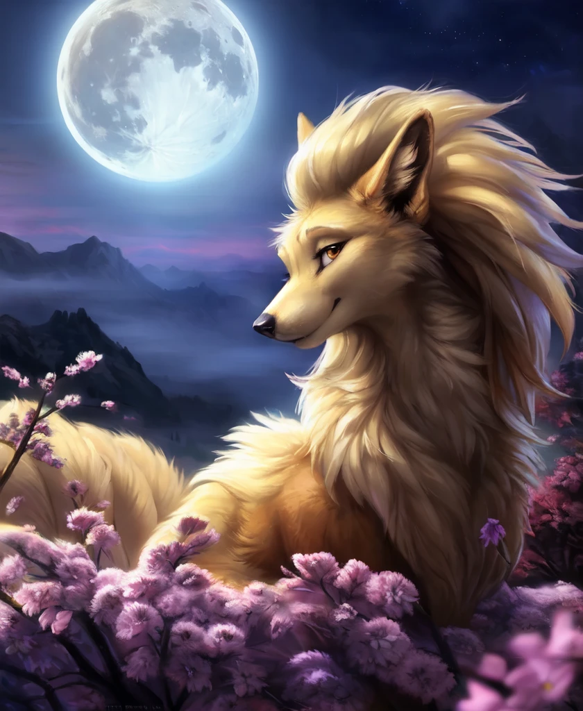 ((solo)) (feral, ninetales), female, looking at viewer, cherry blossom, night, fog, flower, multi tail, full moon,, best quality, shaded, extreme detail, highly detailed, ultradetailed, intricate, realistic, detailed background, hi res, realistic, photography \(artwork\), (by kenket), by ross tran, by michael & inessa garmash, by pino daeni, by isvoc, by kiguri, by alena aenami, by ruan jia, (by zenthetiger, by wolfy-nail), by Enki Bilal, by drmax, photorealism,