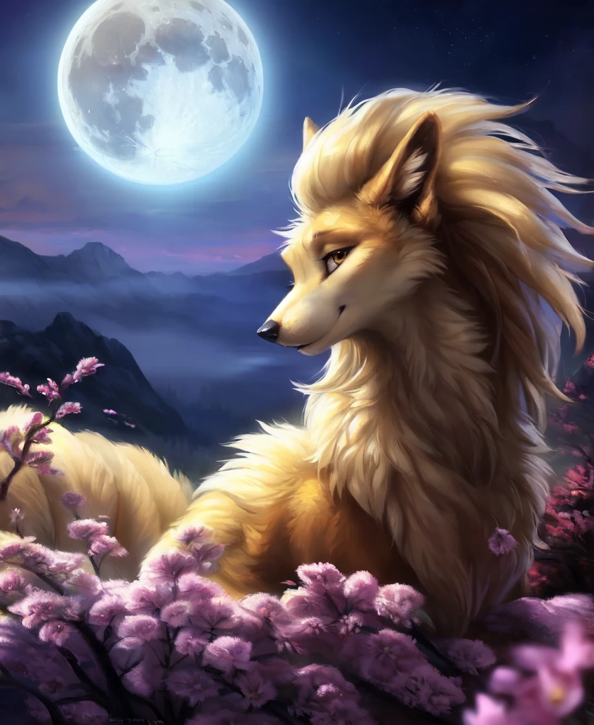 ((solo)) (feral, ninetales), female, looking at viewer, cherry blossom, night, fog, flower, multi tail, full moon,, best quality, shaded, extreme detail, highly detailed, ultradetailed, intricate, realistic, detailed background, hi res, realistic, photography \(artwork\), (by kenket), by ross tran, by michael & inessa garmash, by pino daeni, by isvoc, by kiguri, by alena aenami, by ruan jia, (by zenthetiger, by wolfy-nail), by Enki Bilal, by drmax, photorealism,