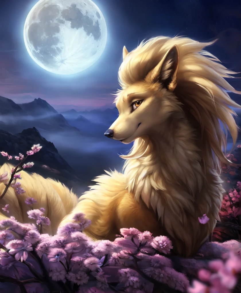 ((solo)) (feral, ninetales), female, looking at viewer, cherry blossom, night, fog, flower, multi tail, full moon,, best quality, shaded, extreme detail, highly detailed, ultradetailed, intricate, realistic, detailed background, hi res, realistic, photography \(artwork\), (by kenket), by ross tran, by michael & inessa garmash, by pino daeni, by isvoc, by kiguri, by alena aenami, by ruan jia, (by zenthetiger, by wolfy-nail), by Enki Bilal, by drmax, photorealism,