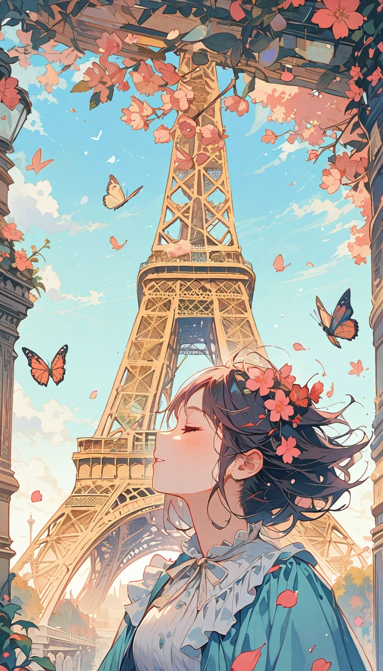 Girl with leaf hair、Photographed from the front、from adove、masterpiece、Highest quality、Looking up、Cherry blossom petals、Lots of butterflies々Fluttering、Paris、Eiffel Tower、blue sky