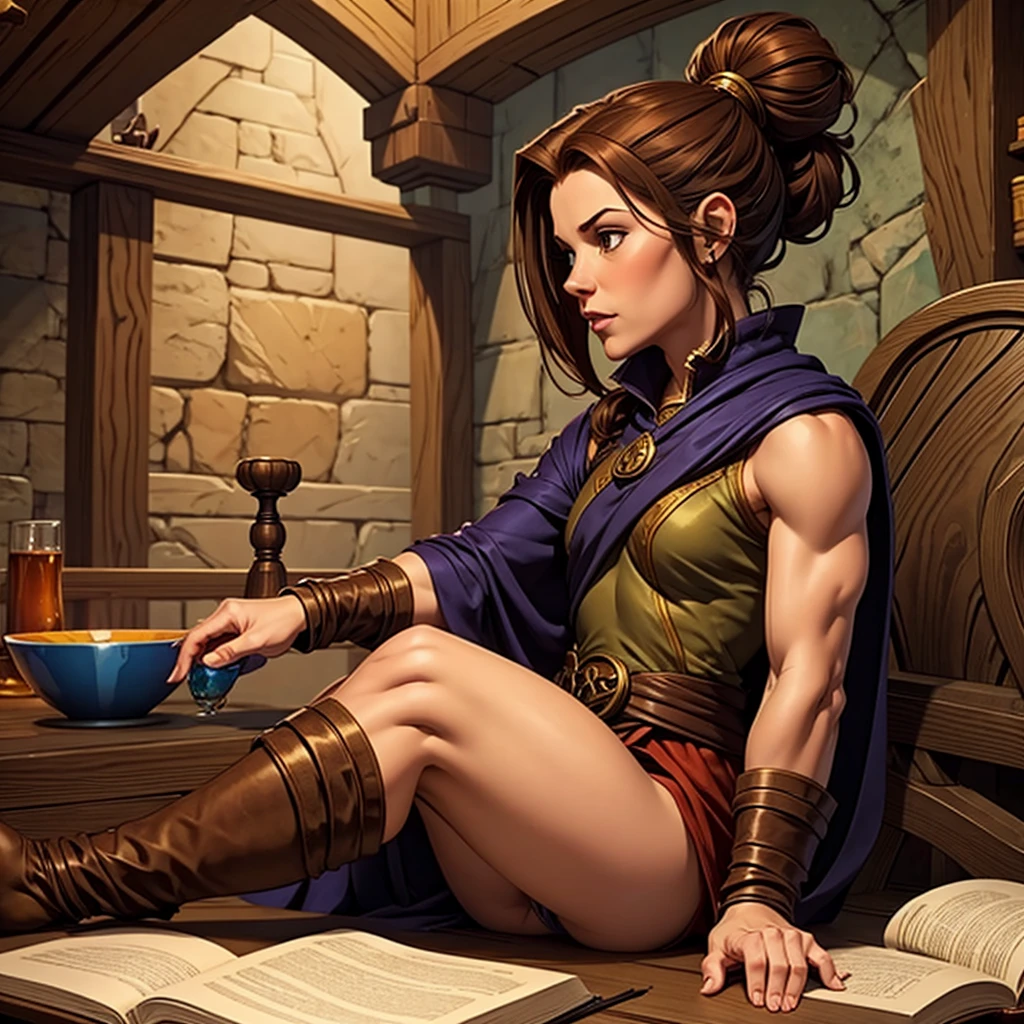 Small muscular woman with brown hair sitting. Fantasy. DnD.