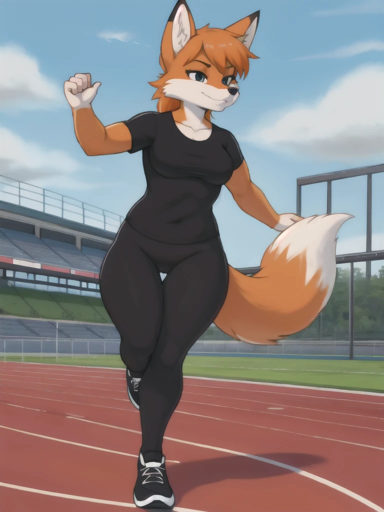 Furry, fox, female, black shirt, black leggings, shoes, running track, solo, full body