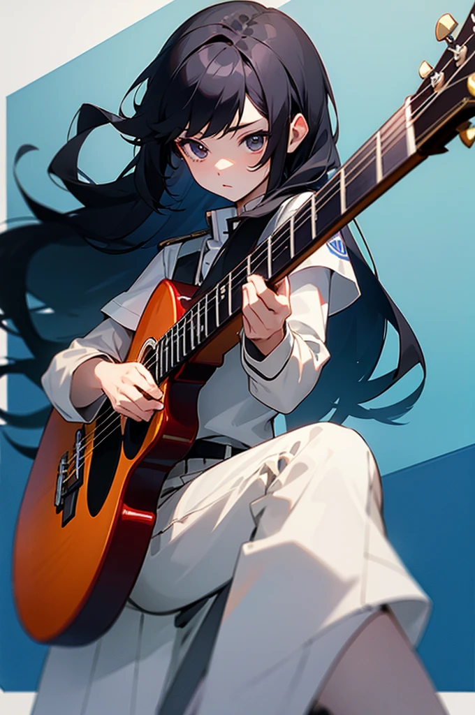 student、uniform、Black Hair、8K quality、play the guitar、female、Long Hair、focusing