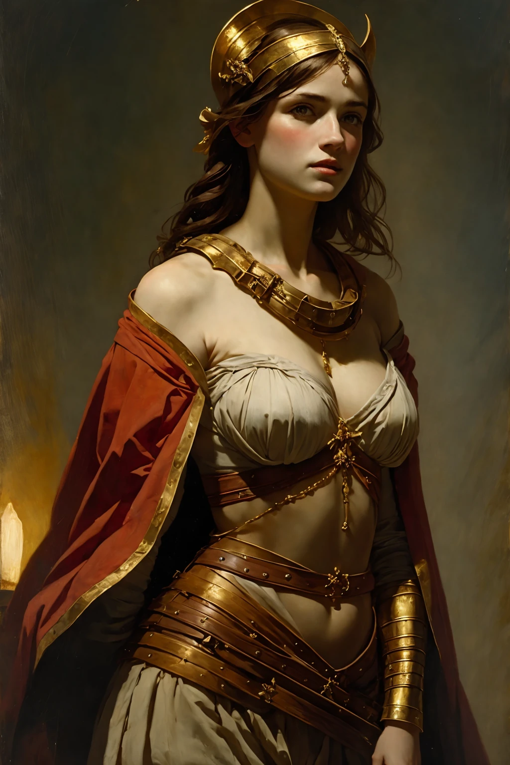 The Spartan Warrior woman of the Ancient Greece, red cape, soft lighting, (best quality, high resolution, outstanding composition, masterpiece:1.4), (very dark:1.2), oil painting, in style of Nicola Samori