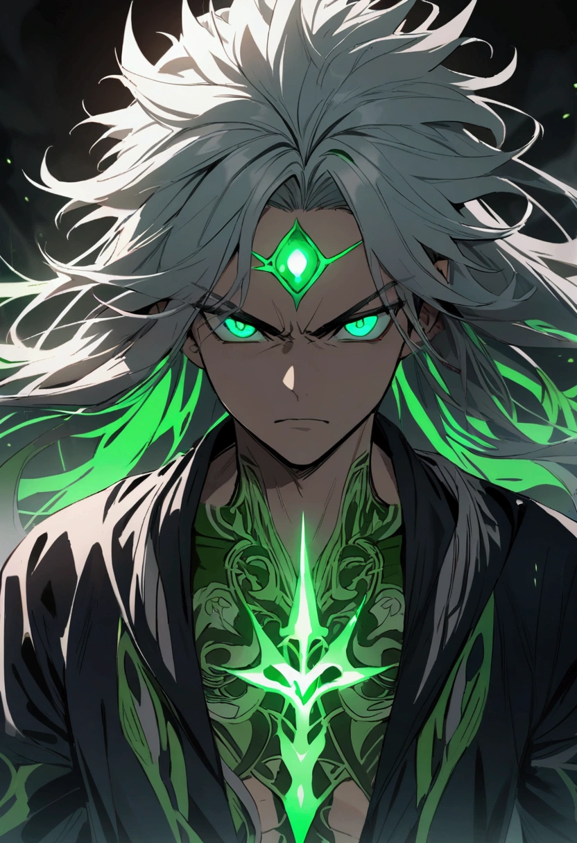 boy, spiky hair, long hair, multicolored green and gray hair, eyes glowing green, serious face, green tattoos on the body, ripped dark blue shirt, a green sapphire on the forehead, cyclonic aura around the character