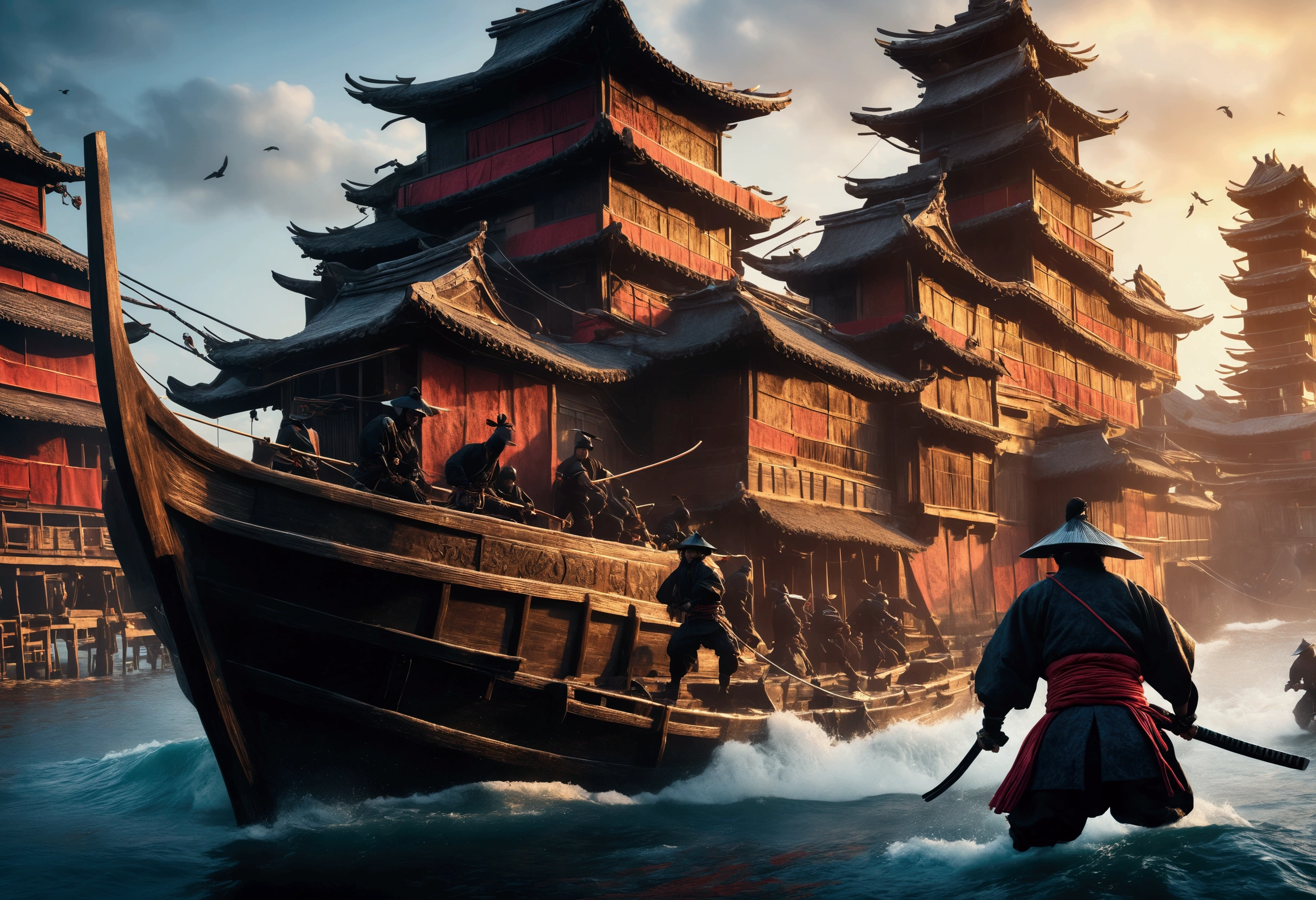 A highly detailed Asian ninja pirates boarding a Samurai palace ship, climbing grappling hooks and ropes from the water, black team ninjas vs bright colorful samurai, (best quality,4k,8k,highres,masterpiece:1.2),ultra-detailed,(realistic,photorealistic,photo-realistic:1.37),dramatic lighting,epic action scene,cinematic,intricate details,ornate samurai armor,flying fabric,dynamic poses,gritty atmosphere,dark moody tones,vibrant colors,dramatic shadows,dynamic camera angle
