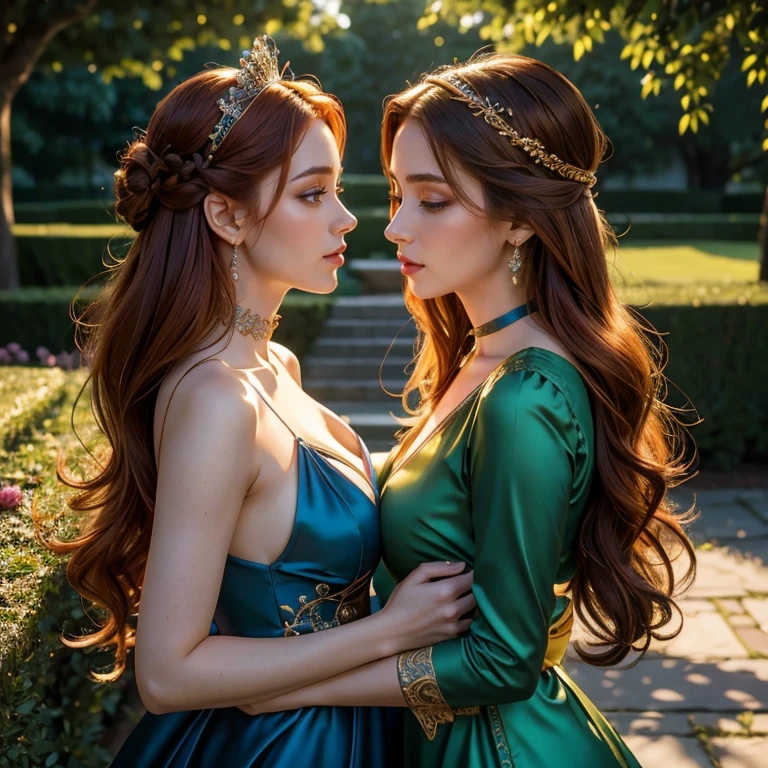 (masterpiece, best quality:1.5), highest quality, High resolution, super detailed, Realists, Upper body photo of a red-haired woman, detailed and beautiful eyes, beautiful detailed lips, very detailed eyes and face, longeyelashes, Woman in shiny blue satin evening dress with long golden satin gloves, Beautiful and colorful makeup, long hairstyle with satin headband, elegant and noble々Pose, shiny satin headband, Gardens as background, soft daylight, bright colors, fine brushstrokes, Portrait style, Noble details in the dress fabric, beautiful color palette, glowing skin, First-class rendering, that captures every detail, enchanting atmosphere, subtle shadows and lights, (perfect anatomy:1.2), (Two stunning women are deeply in love:1.4), (kiss:1.2), (magnificent panorama view:1.2)