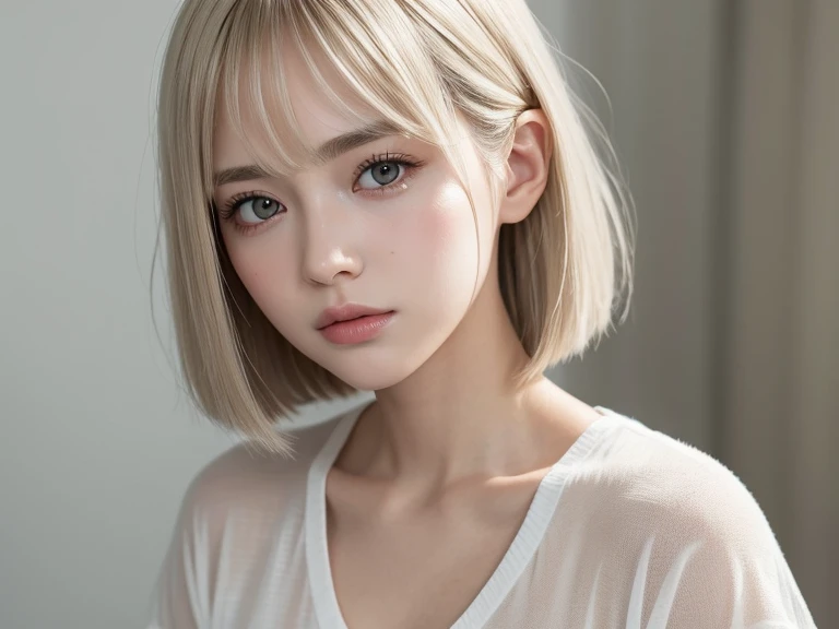 Top quality, It has a realistic atmosphere, like a photo, bright natural light shining softly, into the white background, 1 beautiful woman, airy natural bob hair, platinum beige hair with bangs, beautiful skin, clear eyes, wearing a white T-shirt, Japanese female hair salon model in her 20s, a slight baby face, and a slight distance between her eyes and eyebrows for an ennui look.