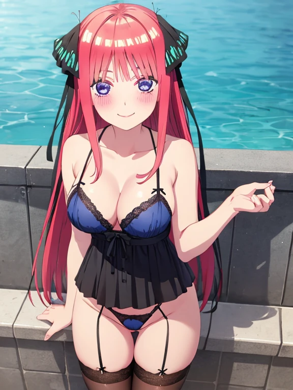 best quality, insanely detailed, nino nakano, breasts, blush, public bath background, bare-shoulder, looking at viewer, a black ribbon, stockings, pussy, smile, blue lingerie garterbelt, cheerful eye